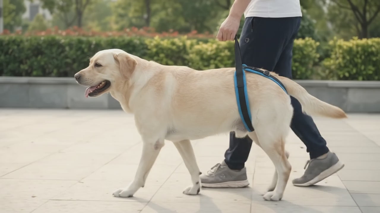 Labrador walking with the Amble Rear-Lift Support Harness
